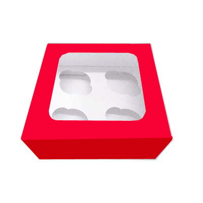 Caja para 4 Cupcakes, fabricada en cartón de color rojo para reposteria creativa